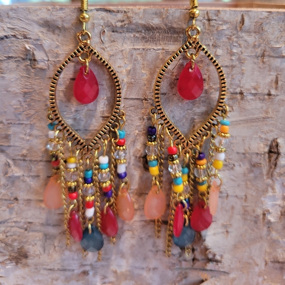 💥LAST ONE💥Multicolor Beaded Gold Tone Chain Dangle Boho Earrings - Picture 4 of 6